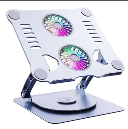 SUPORT METALIC LAPTOP SI TABLETA CU DIMENSIUNI INTRE 9-15.6 INCH, PLIABIL , BAZA ROATIVA 360°, COOLER CU 2 VENTILATOARE SI LUMINI LED , GREY
