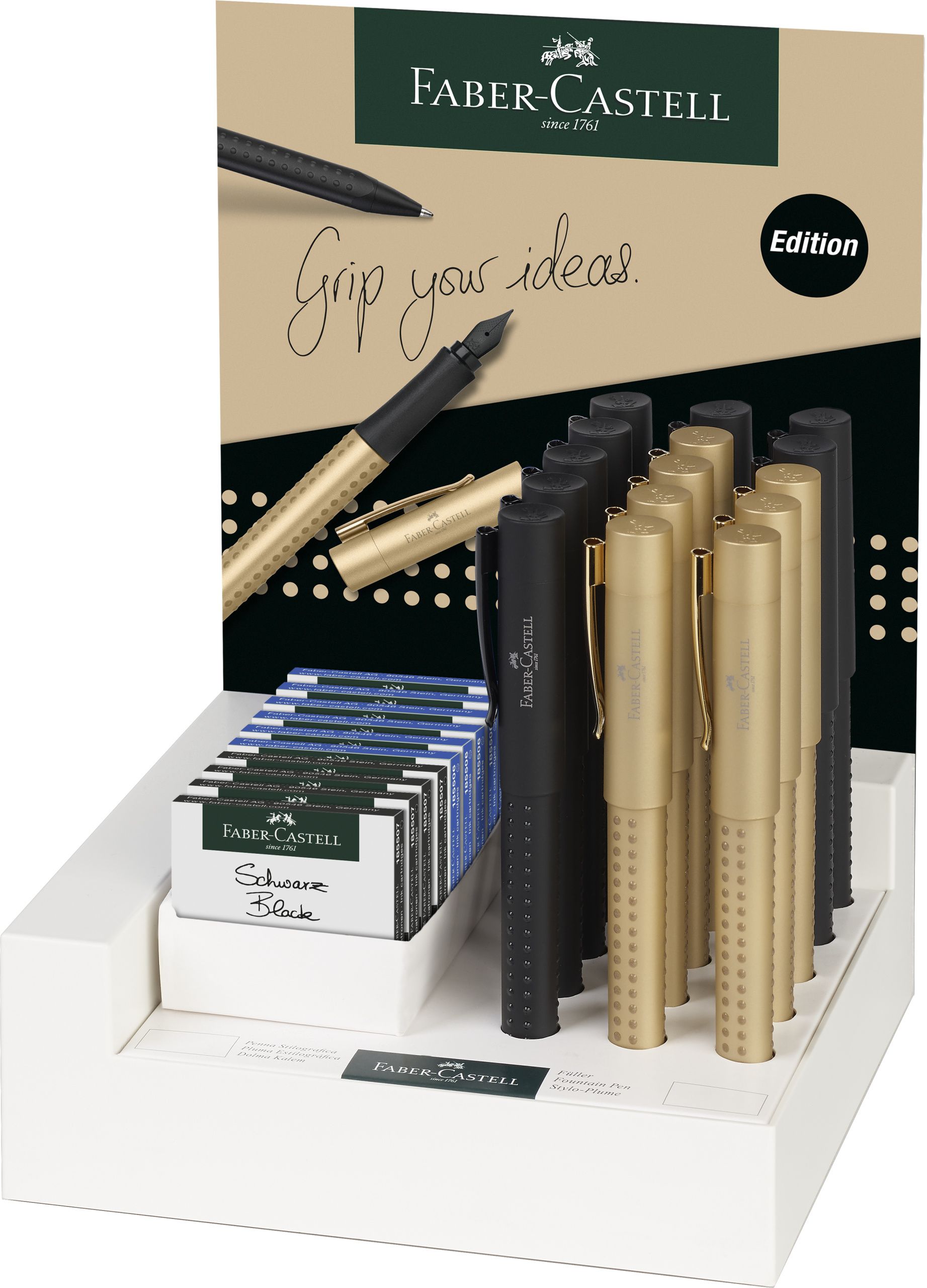 201628_Grip Edition fountain pen, M/F, gold/allblack, display of 15